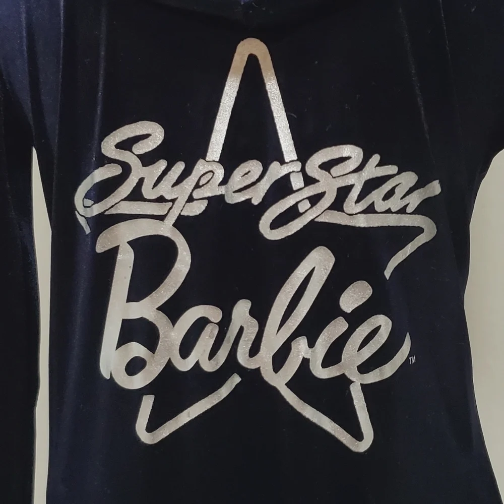 Rare Retro Barbie Loves Splash Silver Superstar Barbie Dark Indigo Velvet Hoodie - Picture 14 of 15